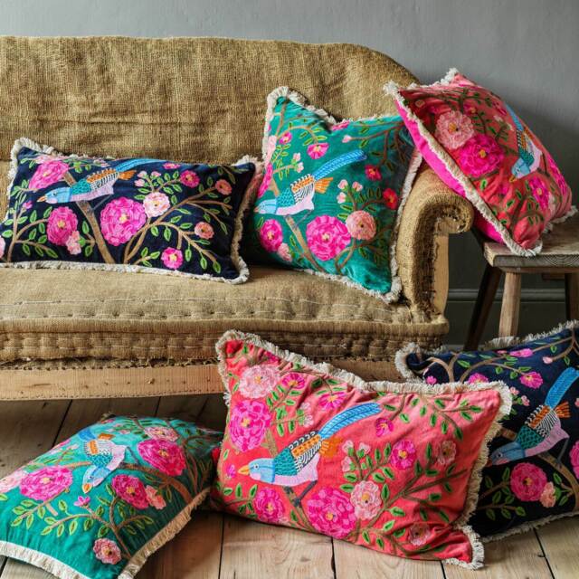 Graham and Green Songbird Rectangular Navy Velvet Cushion