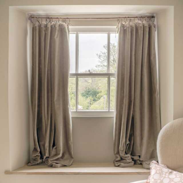 Graham and Green Set of Two Sand Velvet Cottage Curtains - L137 x W117cm - image 1