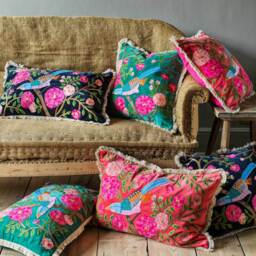 Graham and Green Songbird Square Jade Green Velvet Cushion - thumbnail 2