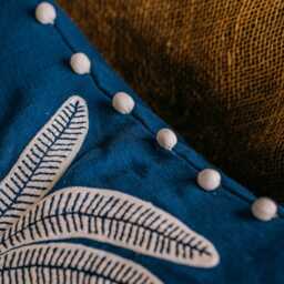 Palm Indigo Linen Square Cushion with Pom Poms - thumbnail 3