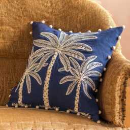 Palm Indigo Linen Square Cushion with Pom Poms - thumbnail 1