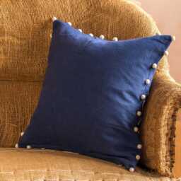 Palm Indigo Linen Square Cushion with Pom Poms - thumbnail 2
