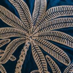 Palm Indigo Linen Square Cushion with Pom Poms - thumbnail 4