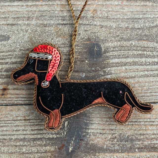 Graham and Green Sausage Dog Embroidered Christmas Tree Decoration - image 1