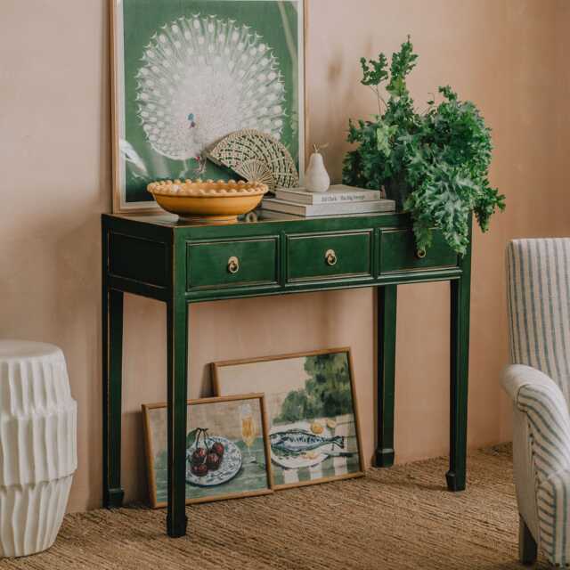 Graham and Green Maoming Dark Green Three Drawer Console Table - image 1