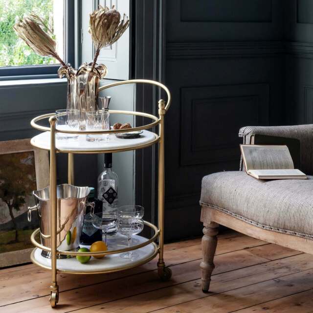 Graham and Green Round Drinks Trolley with Marble Shelves - image 1