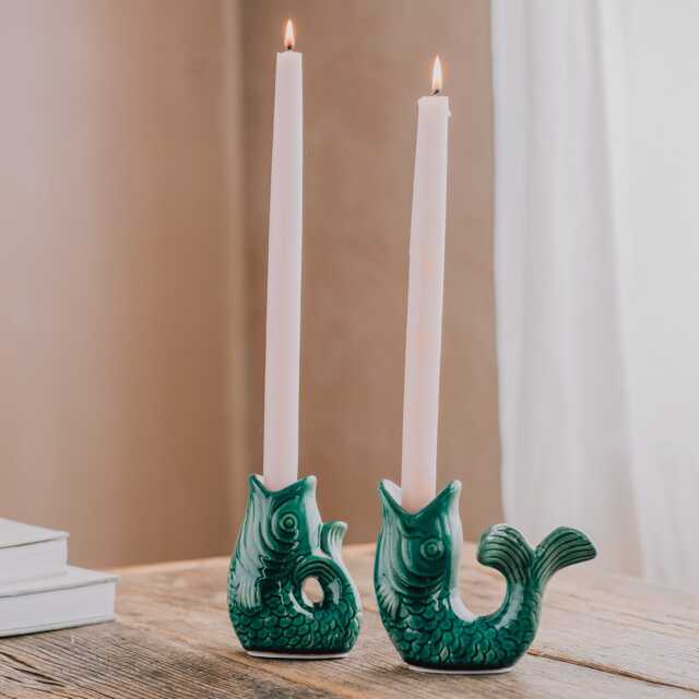 Graham and Green Set of Two Green Ceramic Fish Candle Holders - image 1