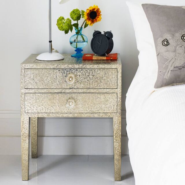 Graham and Green Embossed White Metal Bedside Table