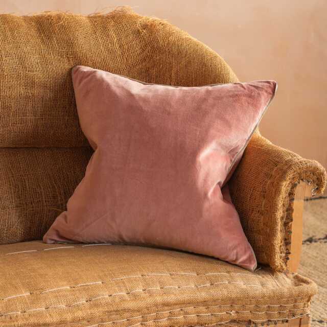 Graham and Green Mocha Rose Velvet Square Cushion with Linen Trim - image 1