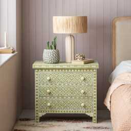 Graham and Green Olive Floral Bone Inlay Large Bedside Table
