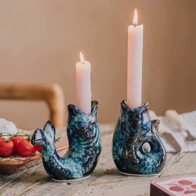 Graham and Green Set of Two Blue Ceramic Fish Candle Holders