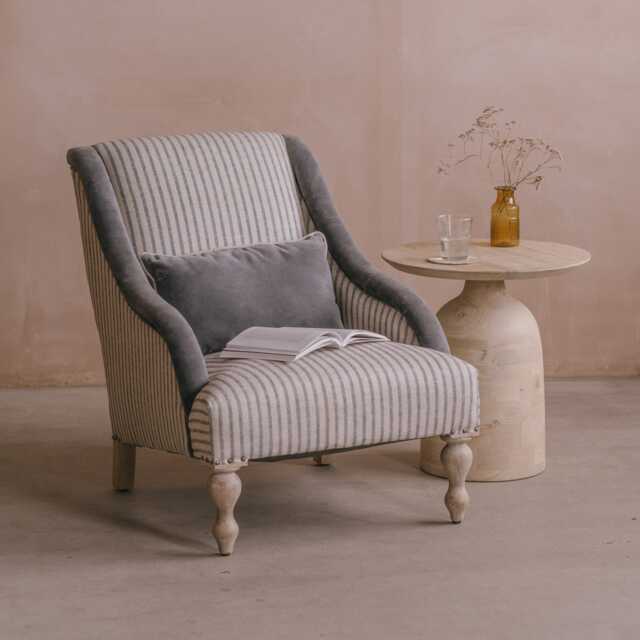 Graham and Green Gabriel Grey Velvet & Linen Stripe Armchair - image 1