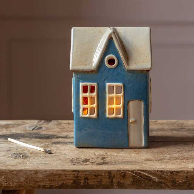 Short Blue Danish House Tealight Holder - image 1