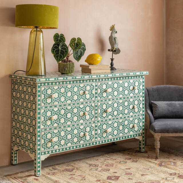 Graham and Green Jade Green Floral Bone Inlay Small Double Chest of Drawers - image 1