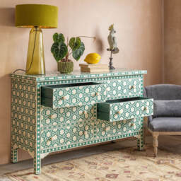 Graham and Green Jade Green Floral Bone Inlay Small Double Chest of Drawers - thumbnail 3