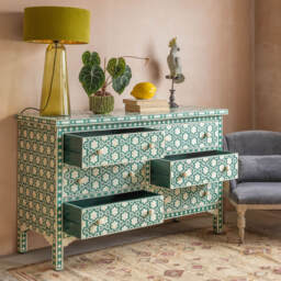 Graham and Green Jade Green Floral Bone Inlay Small Double Chest of Drawers - thumbnail 4
