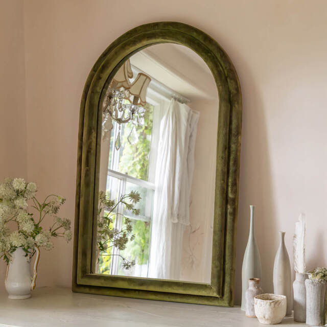 Graham and Green Olive Green Velvet Arched Wall Mirror - image 1