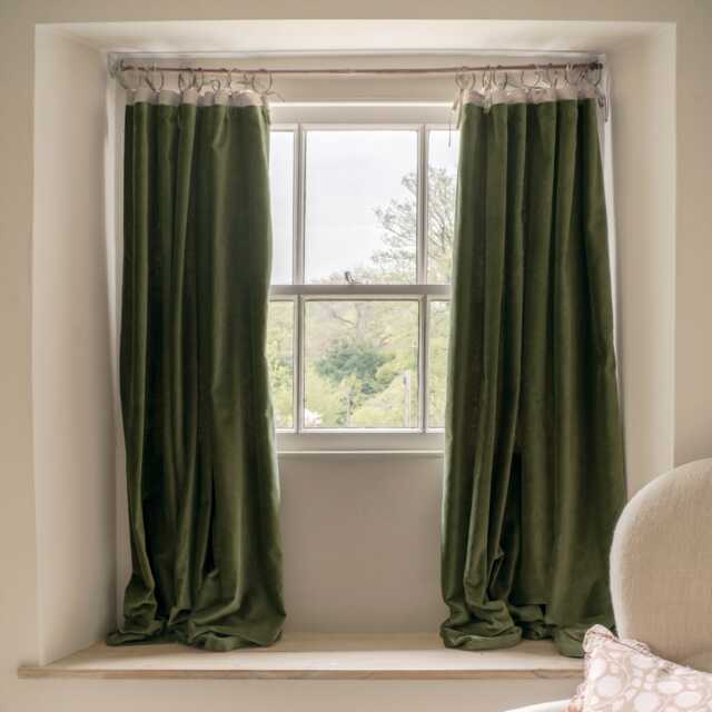 Graham and Green Set of Two Olive Velvet Cottage Curtains - L137 x W117cm - image 1