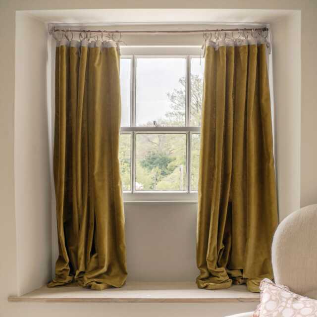 Graham and Green Set of Two Mustard Velvet Cottage Curtains - L137 x W117cm - image 1
