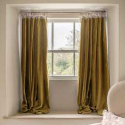 Graham and Green Set of Two Mustard Velvet Cottage Curtains - L137 x W117cm