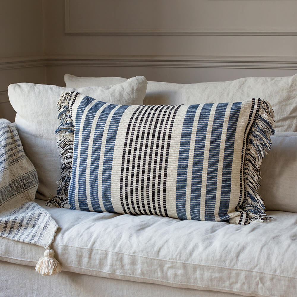Blue Stripe Fringed Cushion - image 1
