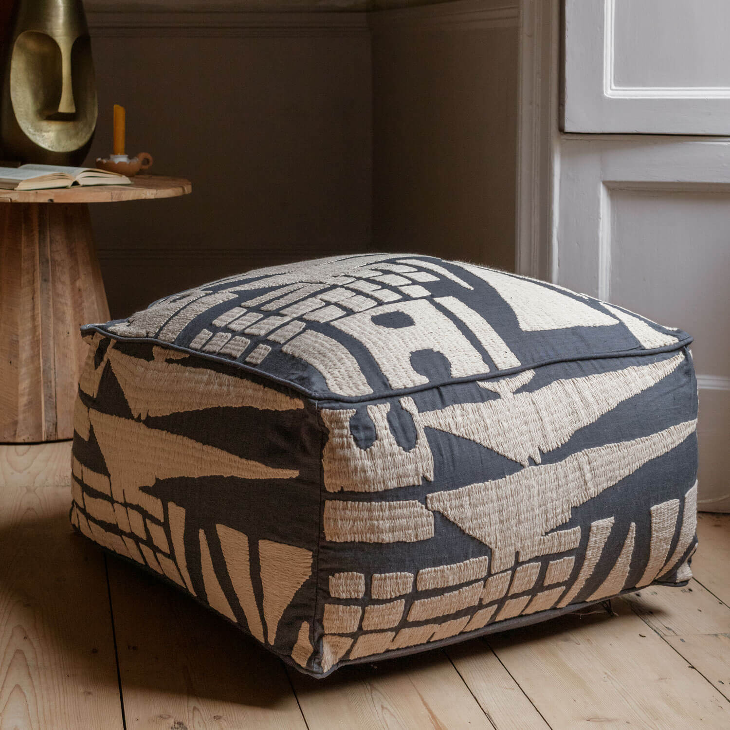 Graham and Green Lilou Abstract Navy Linen Pouffe