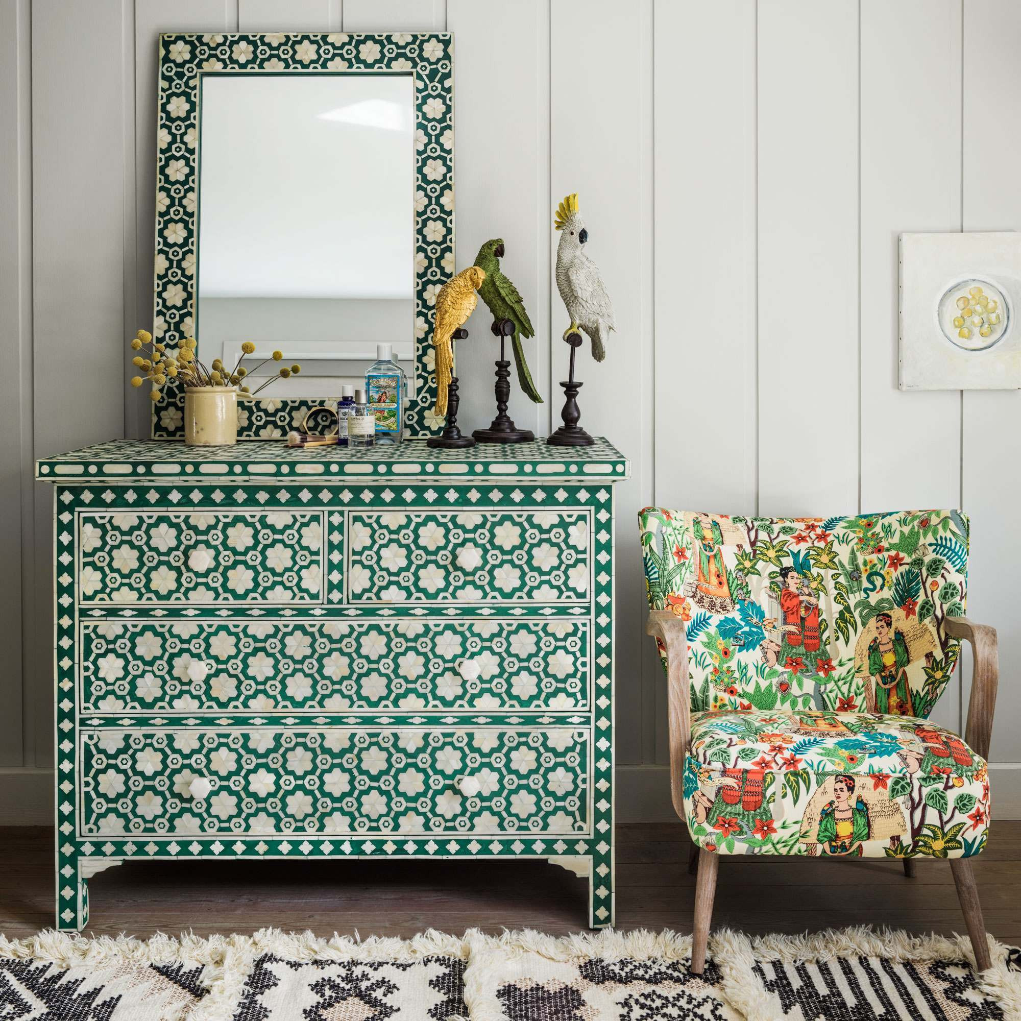 Jade Green Floral Bone Inlay Chest of Drawers - image 1