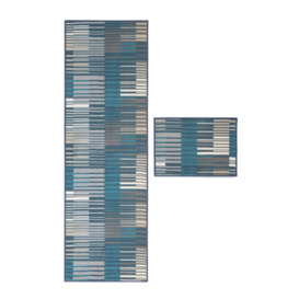 Habitat Washable Polyester Stripe Doormat & Runner Set- Blue