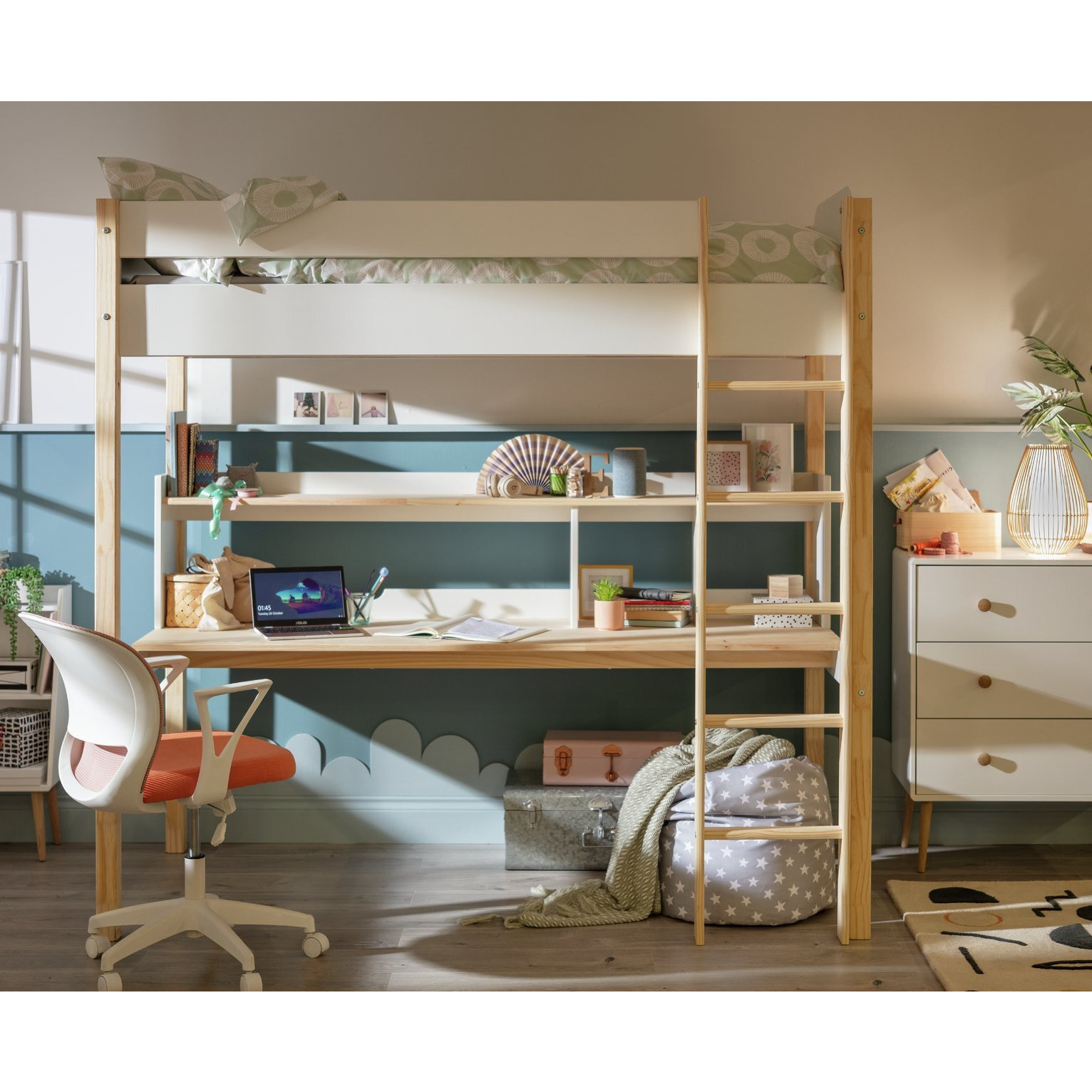 Habitat Nico High Sleeper Bed Frame & Desk-White & Pine