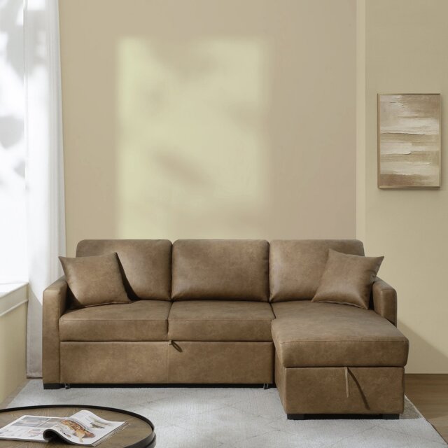 Habitat Reagan Faux Leather Right Hand Chaise Storage Sofa Bed - Tan