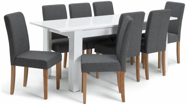 Habitat Miami Extending White Dining Table & 8 Grey Chairs