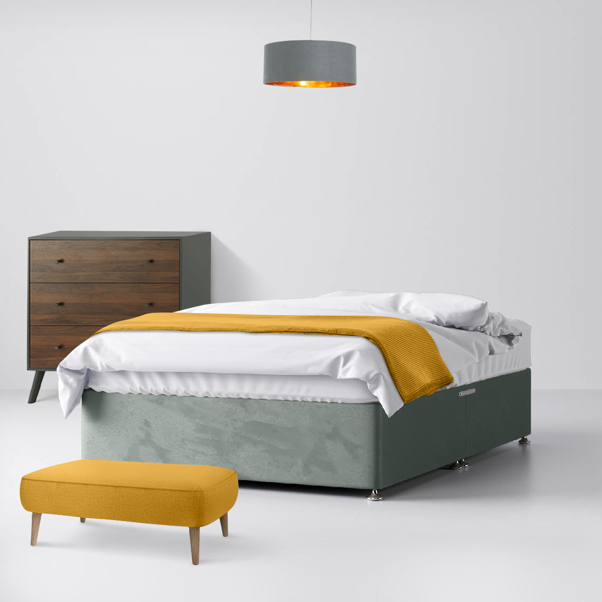 Single - Divan Bed - Light Grey - Velvet - 3ft - Happy Beds