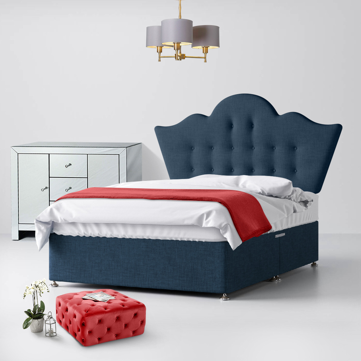 Super King Size - Divan Bed and Florence Buttoned Headboard - Dark Blue - Fabric - 6ft - Happy Beds