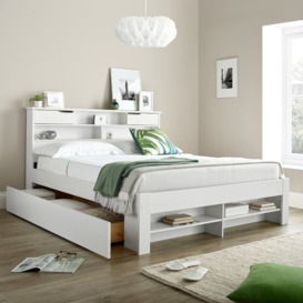 Fabio - Double - Bookcase Bed - 2 Storage Drawers - White - Wood - 4ft6 - Happy Beds