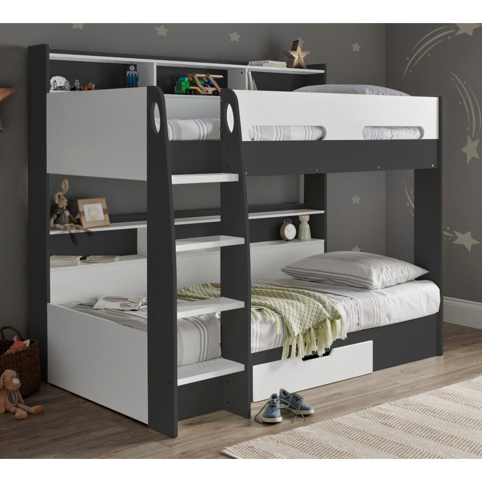 Polaris - Single - Storage Bunk Bed - Grey/White - Wooden - 3ft - Happy Beds