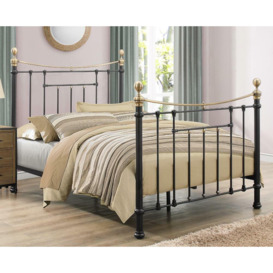Bronte - King Size Black Metal Bed Frame - Victorian Style - Brass Finials and Top Rail - 5ft - Happy Beds
