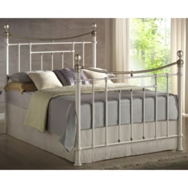 Bronte King Size Cream Metal Bed Frame - Victorian Style - Brass Finials and Top Rail - 5ft - Happy Beds