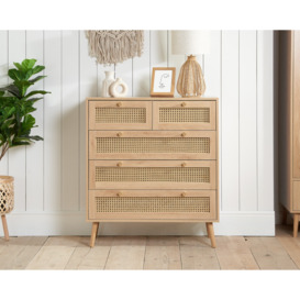 Croxley - 5 Drawer Chest of Drawers - Oak - Rattan - Wooden - Happy Beds