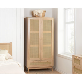 Croxley - 2 Door 1 Drawer Wardrobe - Oak - Rattan - Wooden - Happy Beds