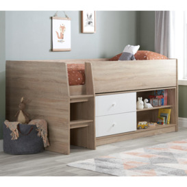 Leyton - Single - Kids Cabin Bed - Storage - White and Oak - Wooden - 3ft - Happy Beds