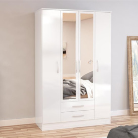 Lynx - 4 Door Combination Wardrobe With Mirror - White - Wooden/Mirror - Happy Beds