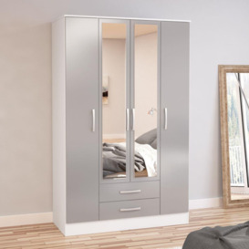 Lynx - 4 Door 2 Drawer Wardrobe With Mirror - White/Grey - Mirror/Wooden - Happy Beds