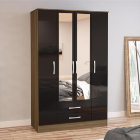 Lynx - 4 Door Combination Wardrobe With Mirror- Walnut/Black - Wooden/Mirror - Happy Beds
