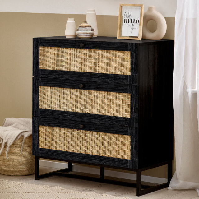 Padstow - 3 Drawer Chest - Black - Wooden/Rattan - Happy Beds - image 1