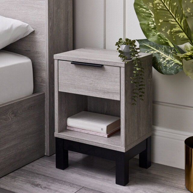 Bali – 1-Drawer Bedside Table – Grey Oak – Wooden - Happy Beds - image 1