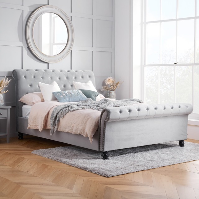 Opulence - Super King Size - Scroll Sleigh Bed - Grey - Velvet - 6ft - Happy Beds - image 1