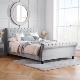 Opulence - Super King Size - Scroll Sleigh Bed - Grey - Velvet - 6ft - Happy Beds
