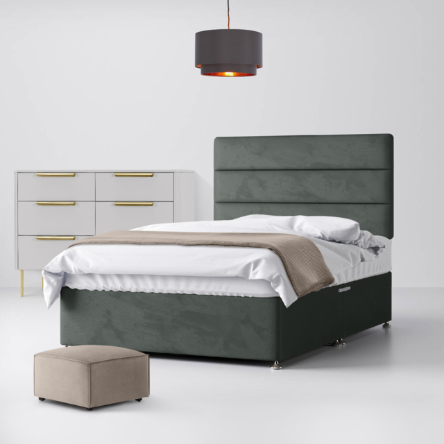 Double - Divan Bed and Cornell Lined Headboard - Dark Grey - Velvet - 4ft6 - Happy Beds - image 1