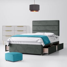 Double - Divan Bed and Cornell Lined Headboard - Dark Grey - Velvet - 4ft6 - Happy Beds - thumbnail 3