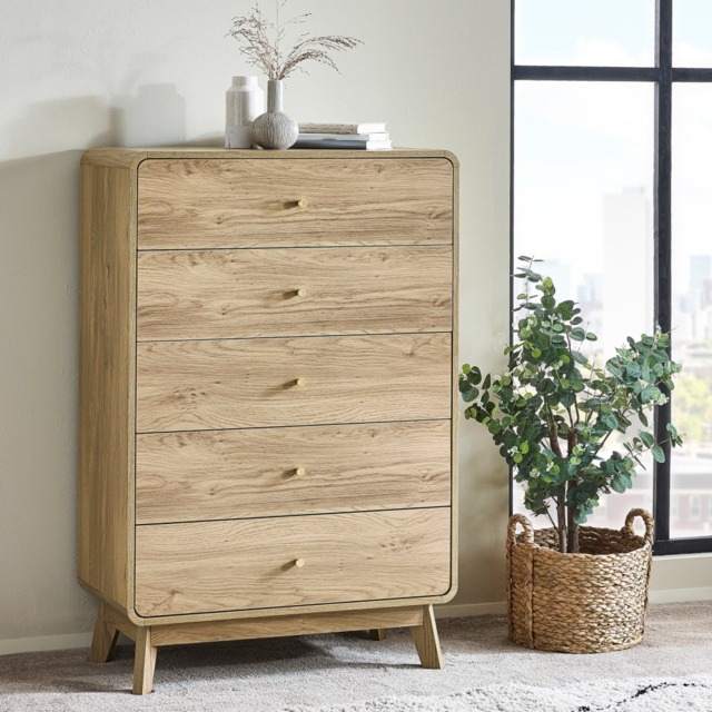 Ingrid - 5 Drawer Chest of Drawers - Light Oak - Wooden - Happy Beds - image 1
